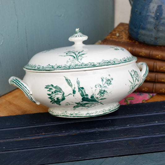 French Ironstone Green Transferware Soup Tureen Soupiere Fontagnes style digoin et sarreguemines terre de fer