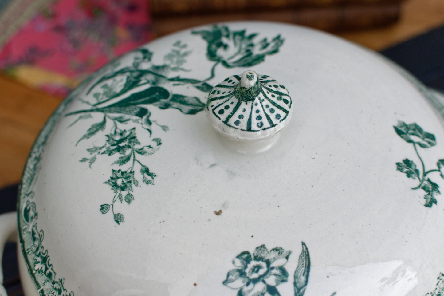 French Ironstone Green Transferware Soup Tureen Soupiere Fontagnes style digoin et sarreguemines terre de fer