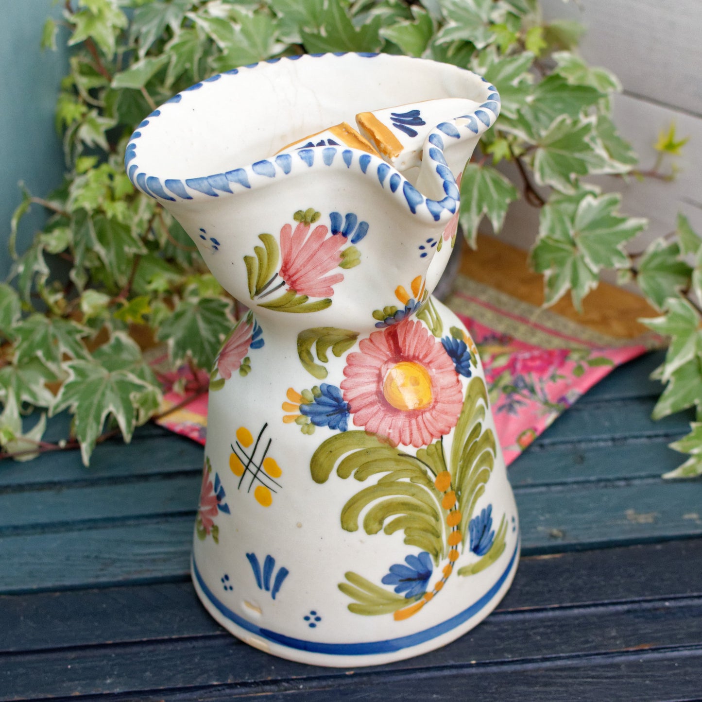 Talavera Espana N*32 Spanish Vintage Hand-Painted Ceramic Floral SANGRIA Pitcher Jug Cruche Signed by Artist