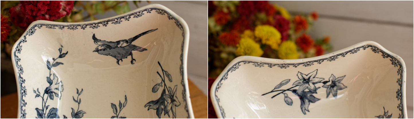 FAVORI Motif Sarreguemines U&C French Antique Ironstone Blue Transferware Small Set of 2 Square Bowl Faience Terre de Fer