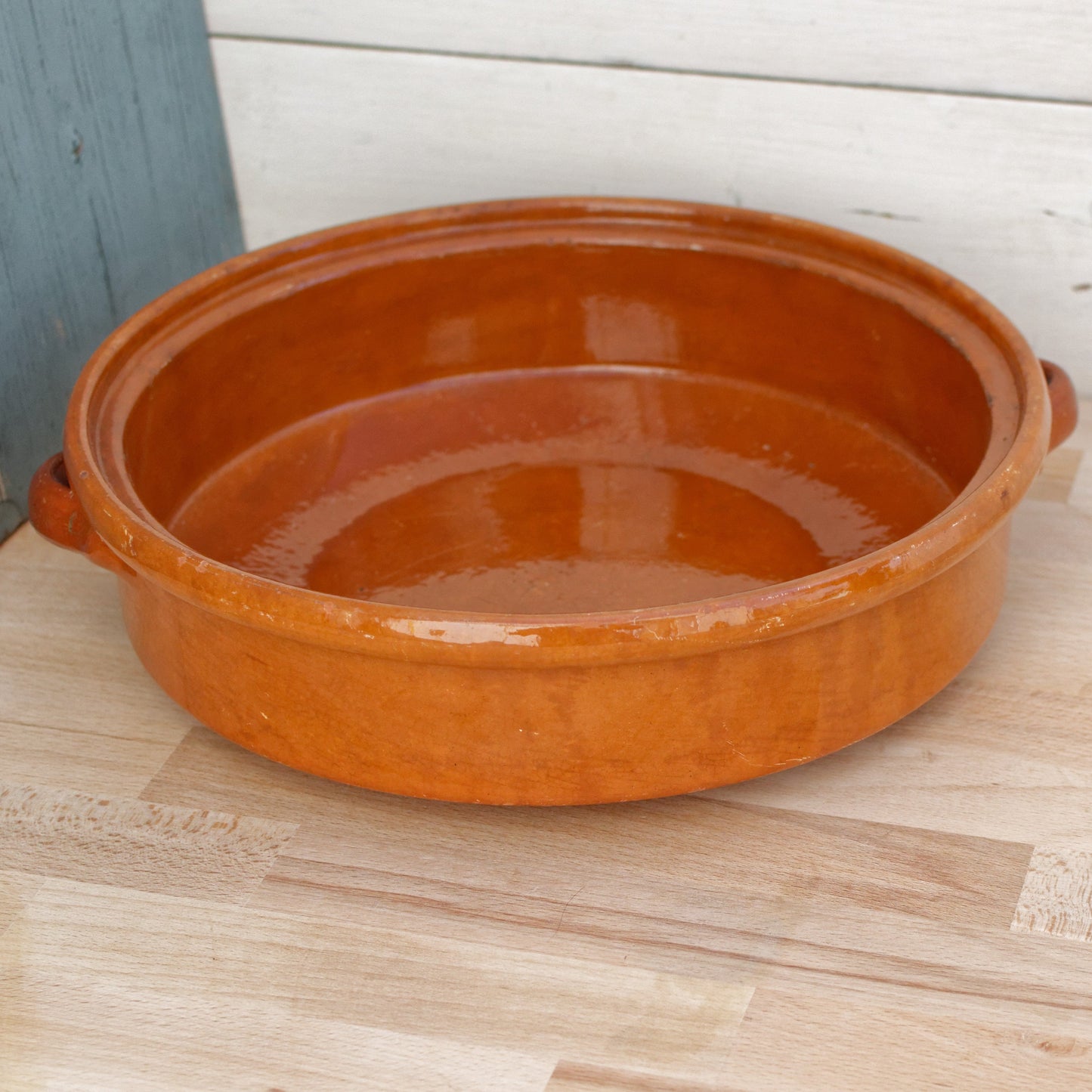 French Vintage glazed sandstone/enameled stoneware Flat Round Serving Casserole Dish Pan Bowl
