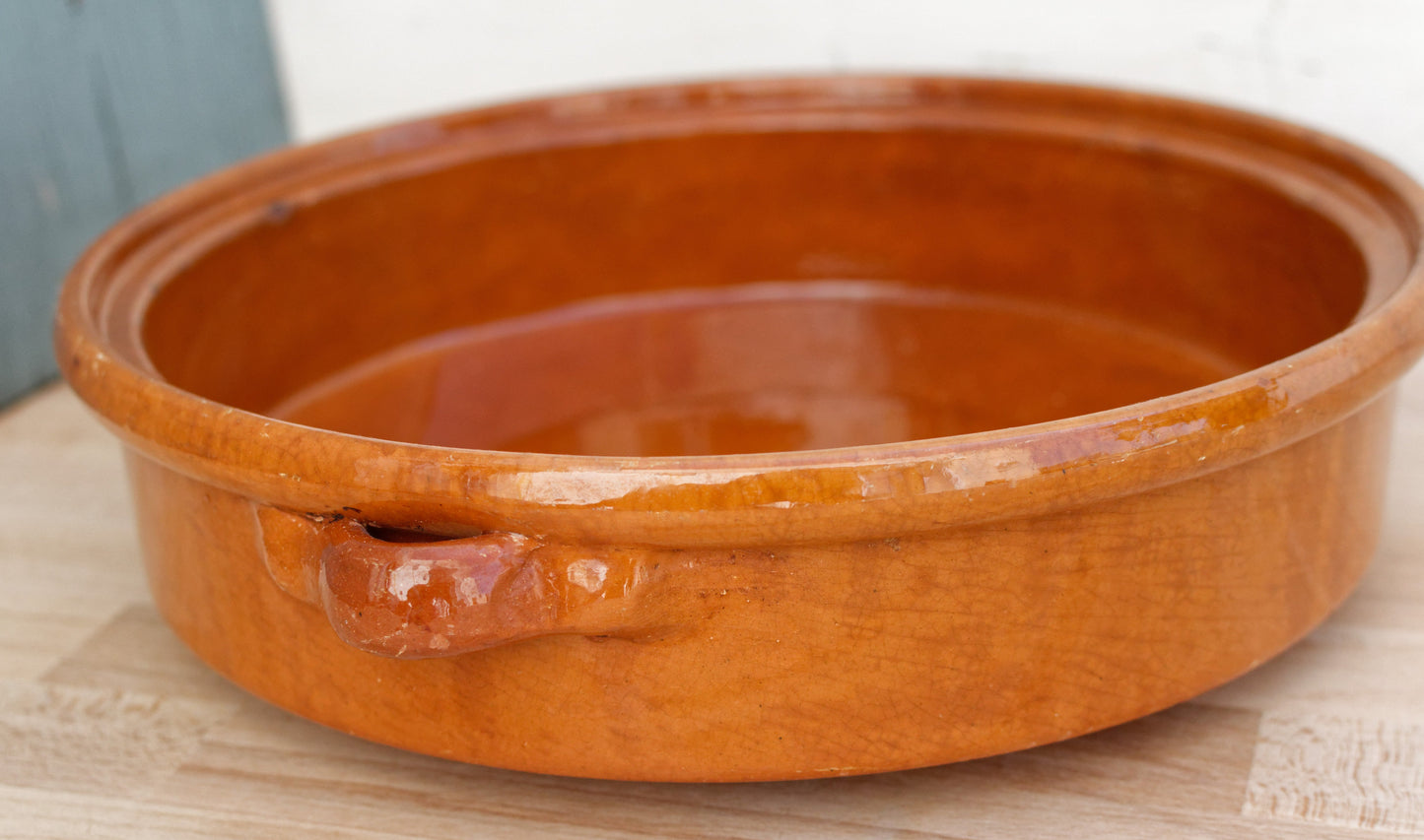 French Vintage glazed sandstone/enameled stoneware Flat Round Serving Casserole Dish Pan Bowl