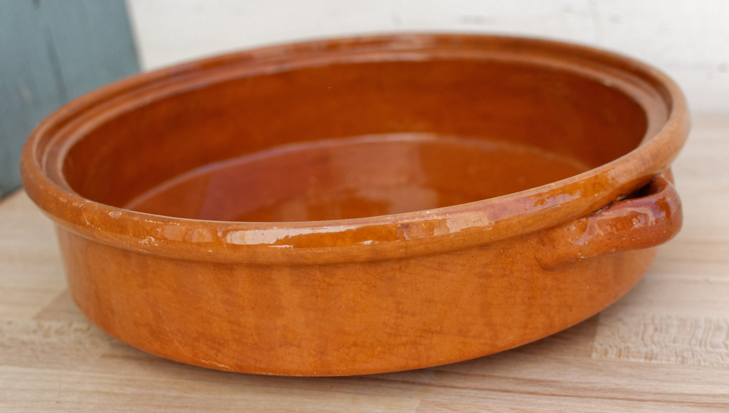 French Vintage glazed sandstone/enameled stoneware Flat Round Serving Casserole Dish Pan Bowl