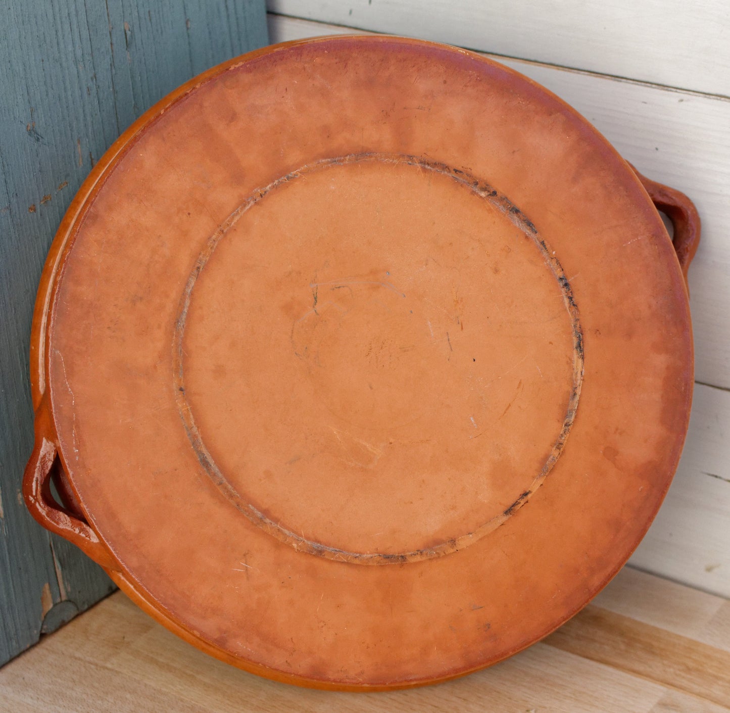 French Vintage glazed sandstone/enameled stoneware Flat Round Serving Casserole Dish Pan Bowl