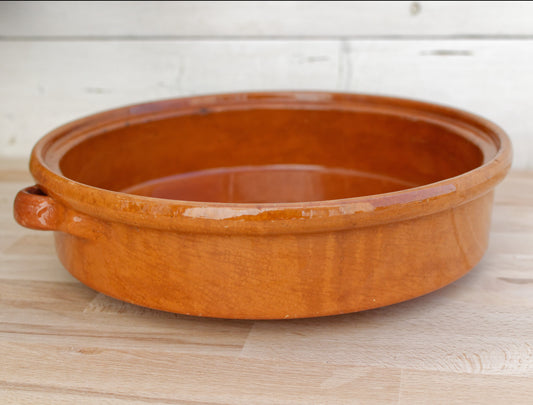 French Vintage glazed sandstone/enameled stoneware Flat Round Serving Casserole Dish Pan Bowl