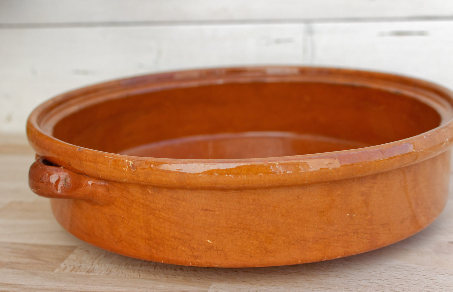 French Vintage glazed sandstone/enameled stoneware Flat Round Serving Casserole Dish Pan Bowl