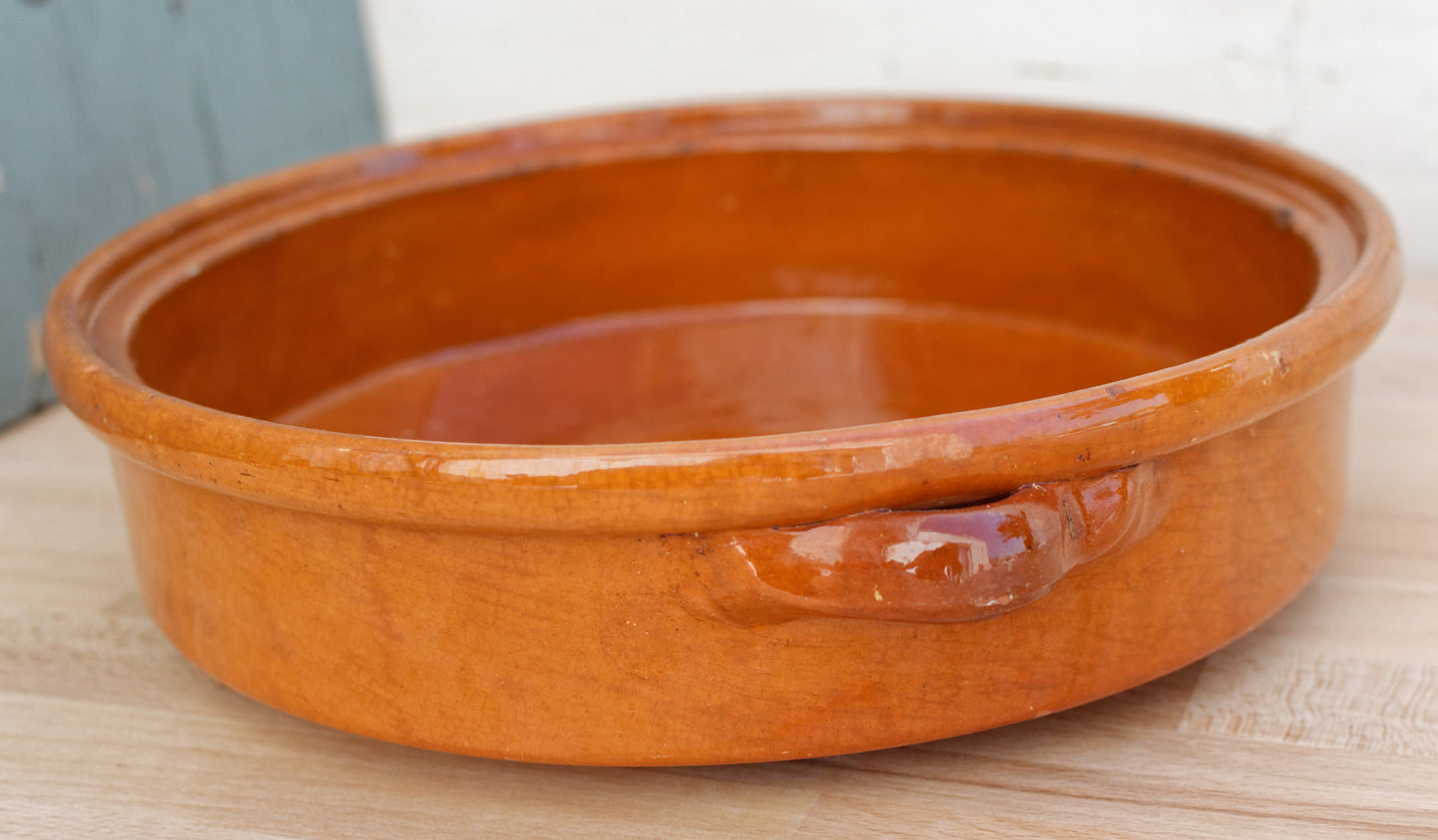 French Vintage glazed sandstone/enameled stoneware Flat Round Serving Casserole Dish Pan Bowl
