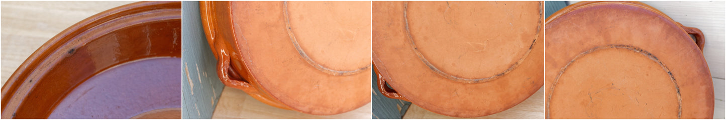 French Vintage glazed sandstone/enameled stoneware Flat Round Serving Casserole Dish Pan Bowl