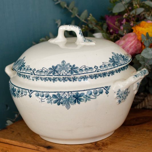 TUNIS motif LONGWY French Antique Ironstone Blue Transferware Soup Tureen Soupiere Terre de fer en Faience