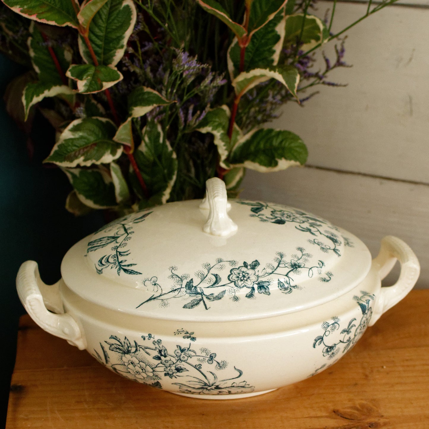 TUNIS SALINS French Antique Ironstone Blue Transferware Soup Tureen Soupiere Terre de fer en Faience