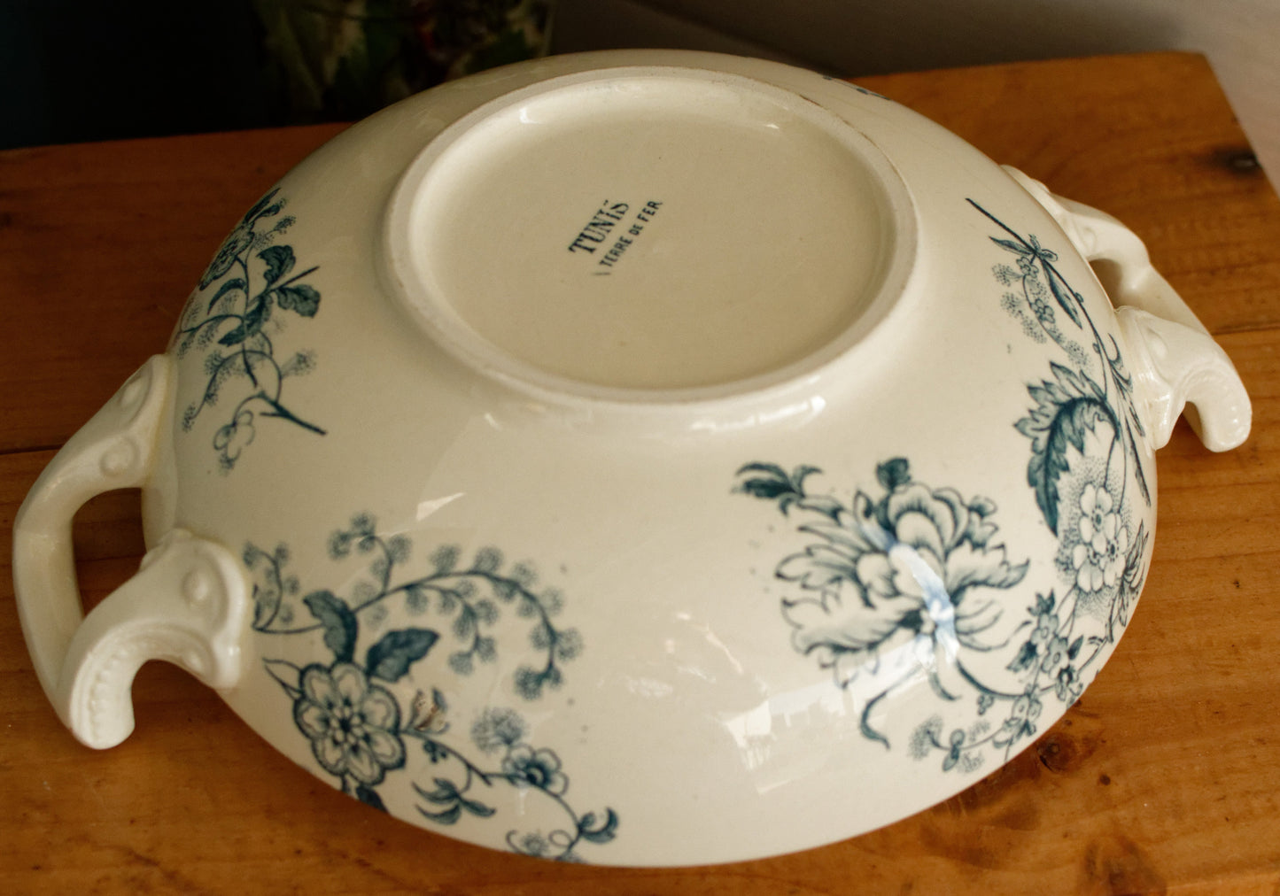 TUNIS SALINS French Antique Ironstone Blue Transferware Soup Tureen Soupiere Terre de fer en Faience