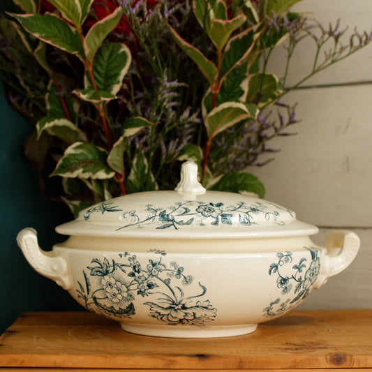 TUNIS SALINS French Antique Ironstone Blue Transferware Soup Tureen Soupiere Terre de fer en Faience
