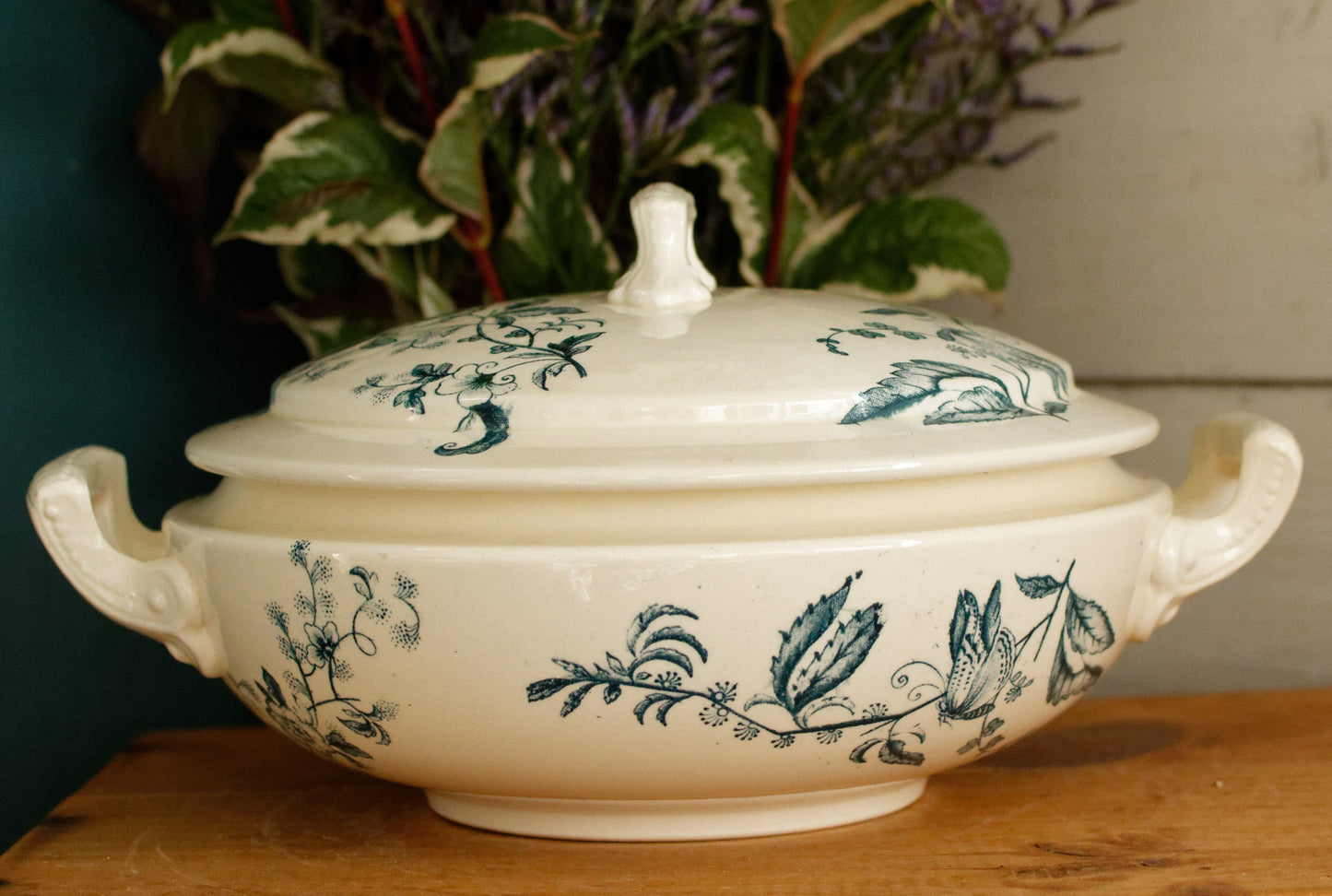 TUNIS SALINS French Antique Ironstone Blue Transferware Soup Tureen Soupiere Terre de fer en Faience
