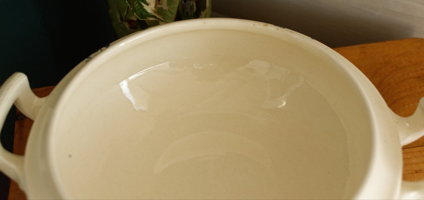 TUNIS SALINS French Antique Ironstone Blue Transferware Soup Tureen Soupiere Terre de fer en Faience