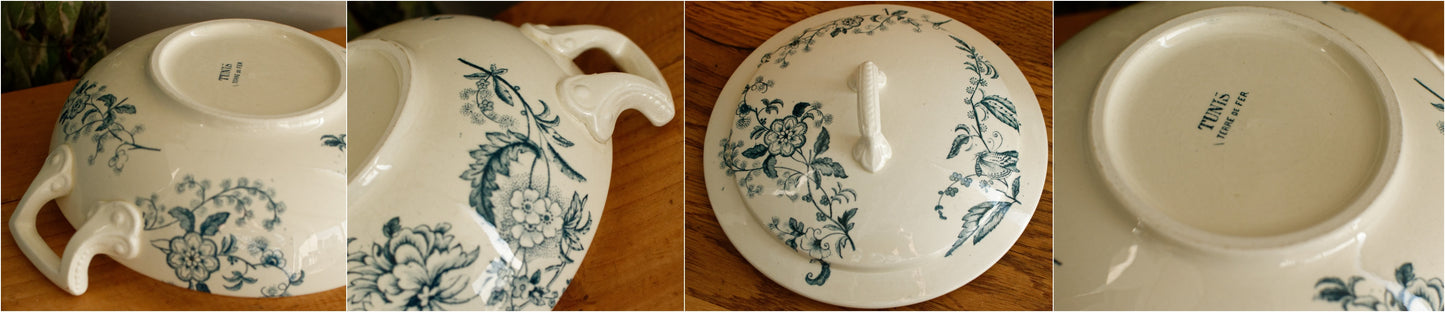 TUNIS SALINS French Antique Ironstone Blue Transferware Soup Tureen Soupiere Terre de fer en Faience