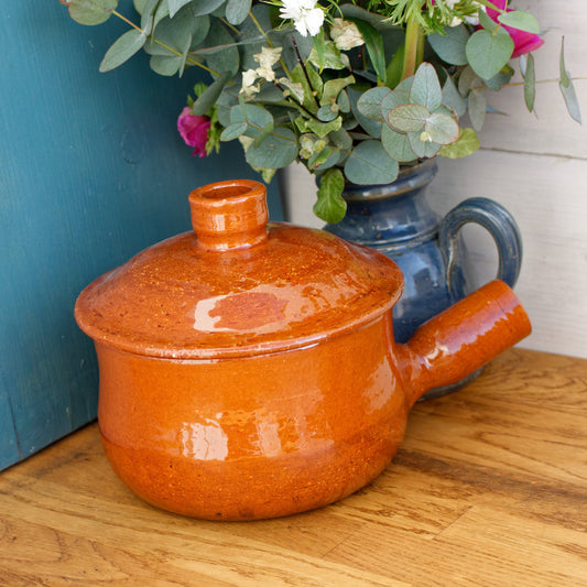 French Vintage Stoneware Lidded Casserole Dish with Handle Glazed Enameled Covered Pot POELON Marmite Terre Cuites Vernissee Terra Cotta