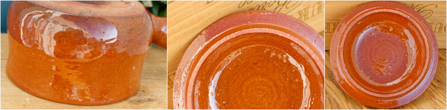 French Vintage Stoneware Lidded Casserole Dish with Handle Glazed Enameled Covered Pot POELON Marmite Terre Cuites Vernissee Terra Cotta