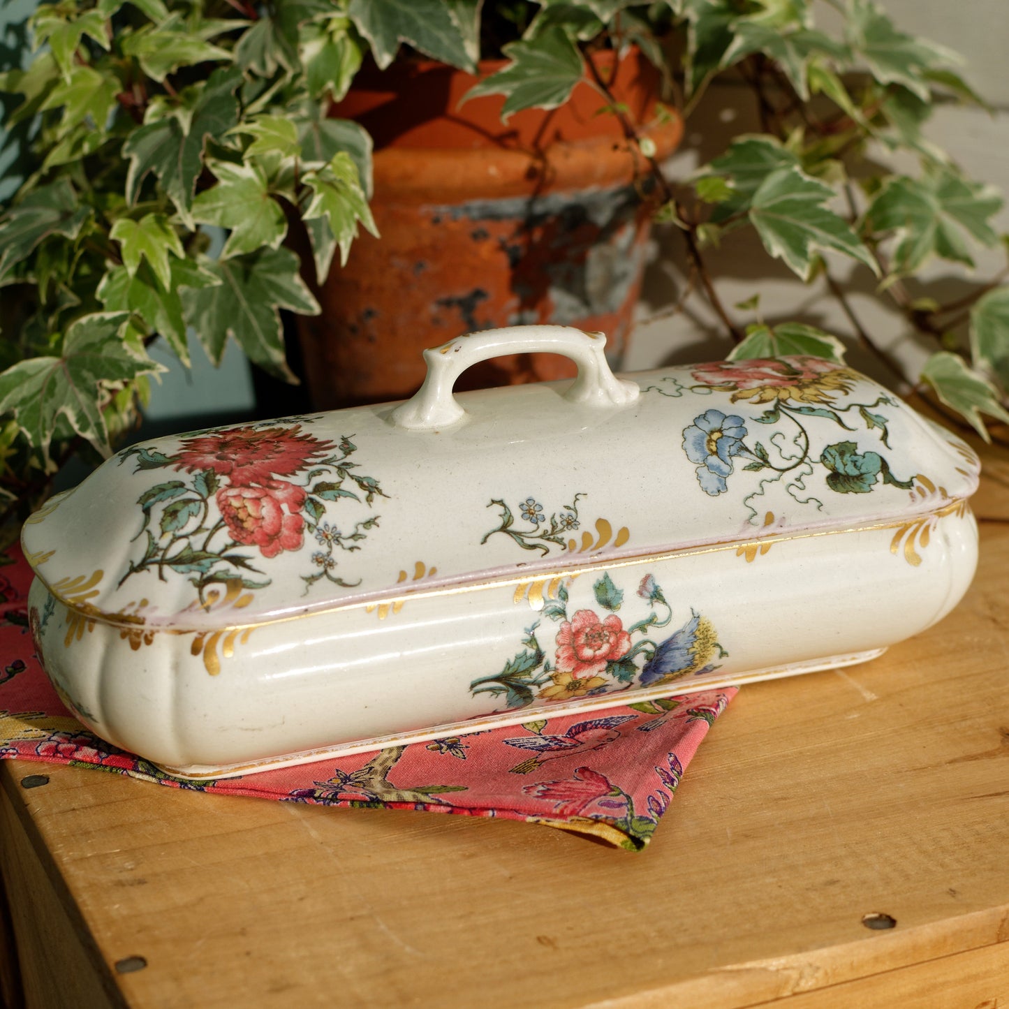 H&B CHOISY-LE-ROI French Antique Ironstone Polychrome Floral Rectangular lidded Toiletry Dish Gilded Gold Trim