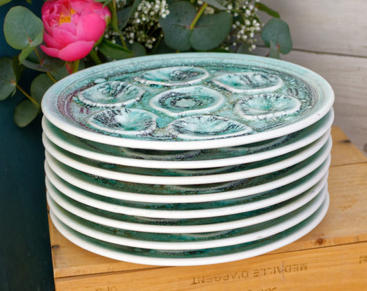 1960s French Vallauris Style Vintage Oyster Huître Shellfish Plate with 6 Wells Ceramic Barbotine Majolica Terre Cuite