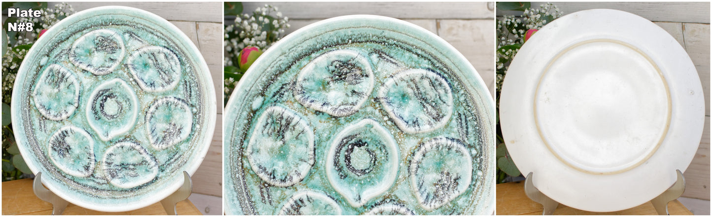 1960s French Vallauris Style Vintage Oyster Huître Shellfish Plate with 6 Wells Ceramic Barbotine Majolica Terre Cuite