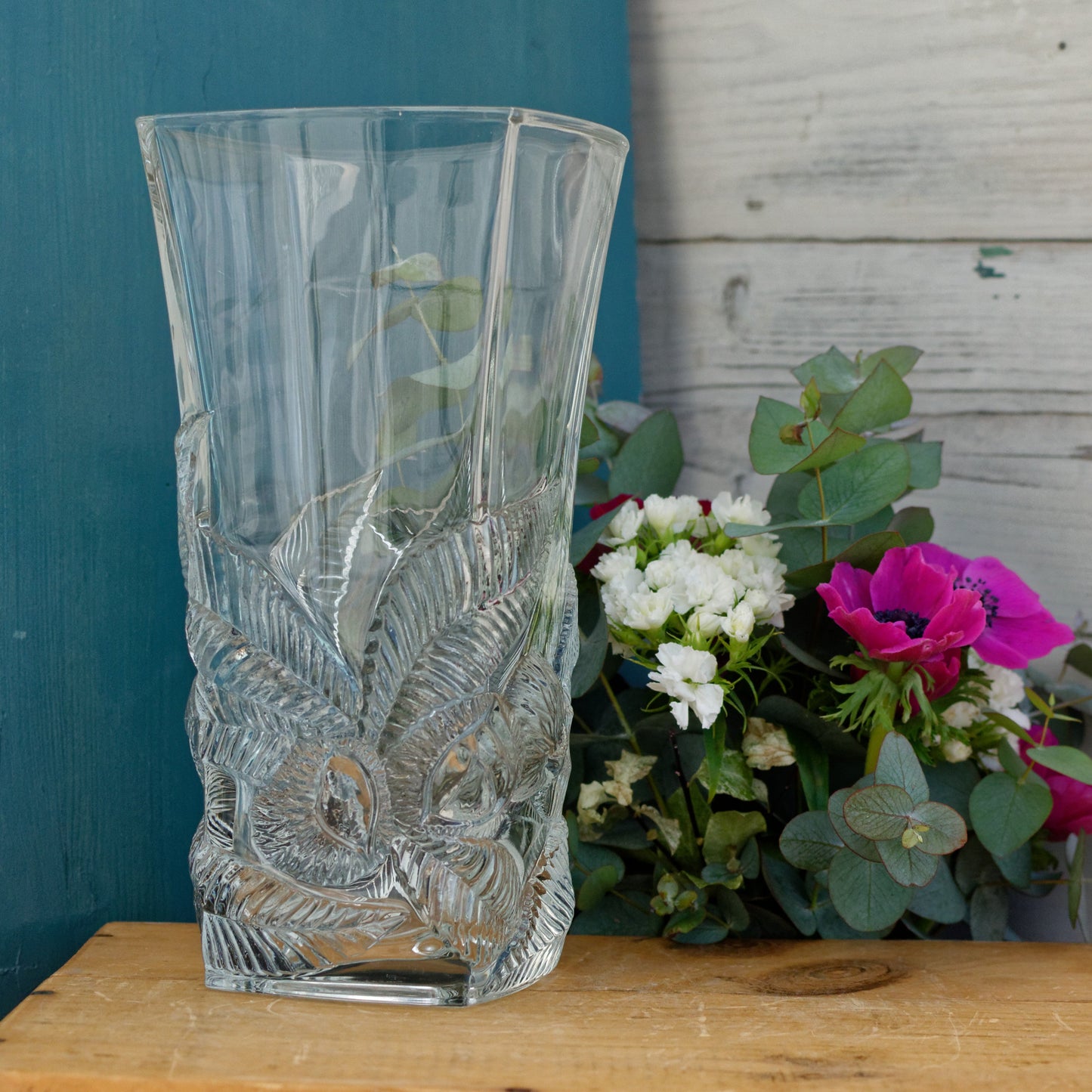 ARC France French Vintage High Quality Glassware Leaf Textured Square Vase