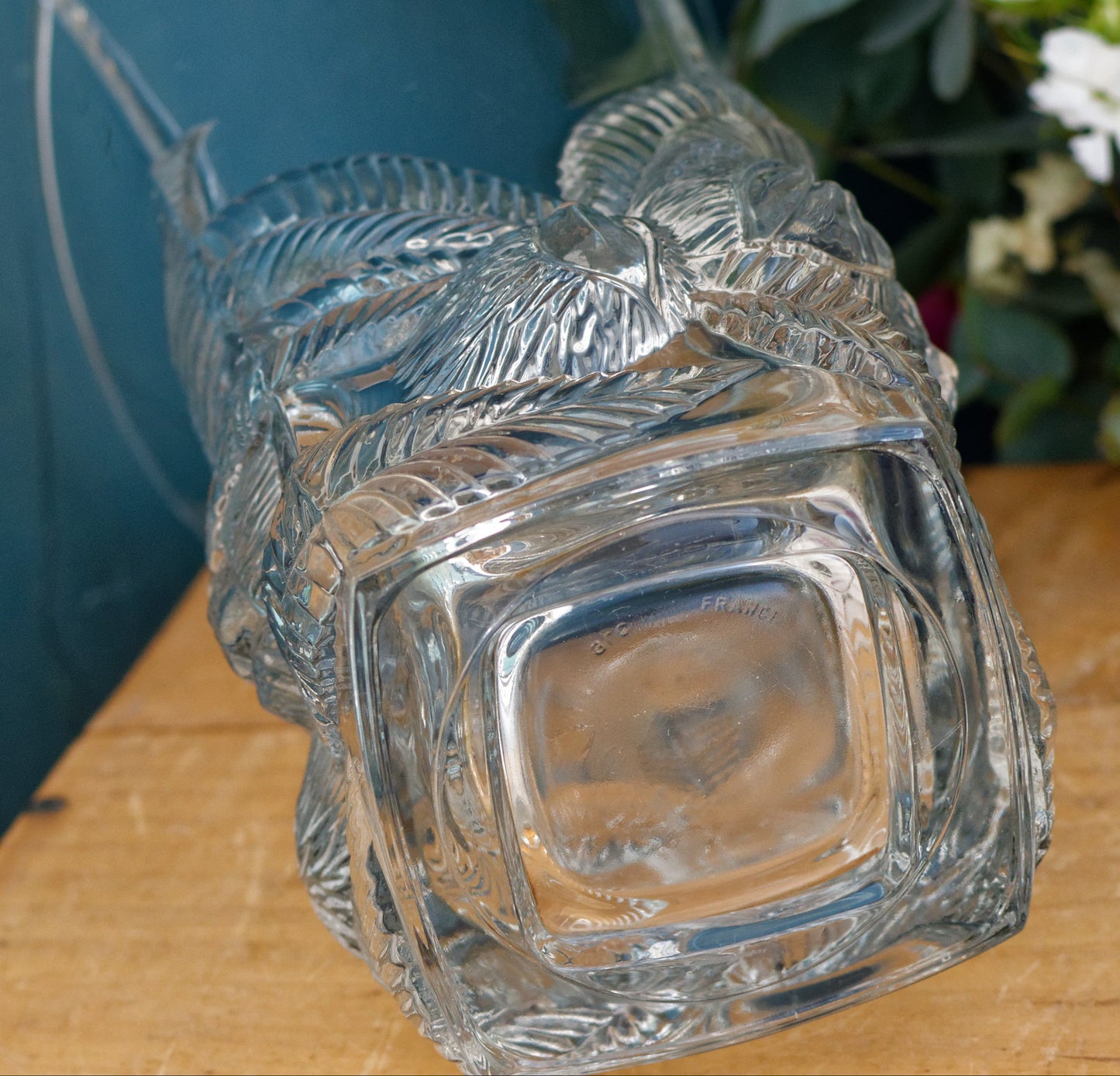 ARC France French Vintage High Quality Glassware Leaf Textured Square Vase
