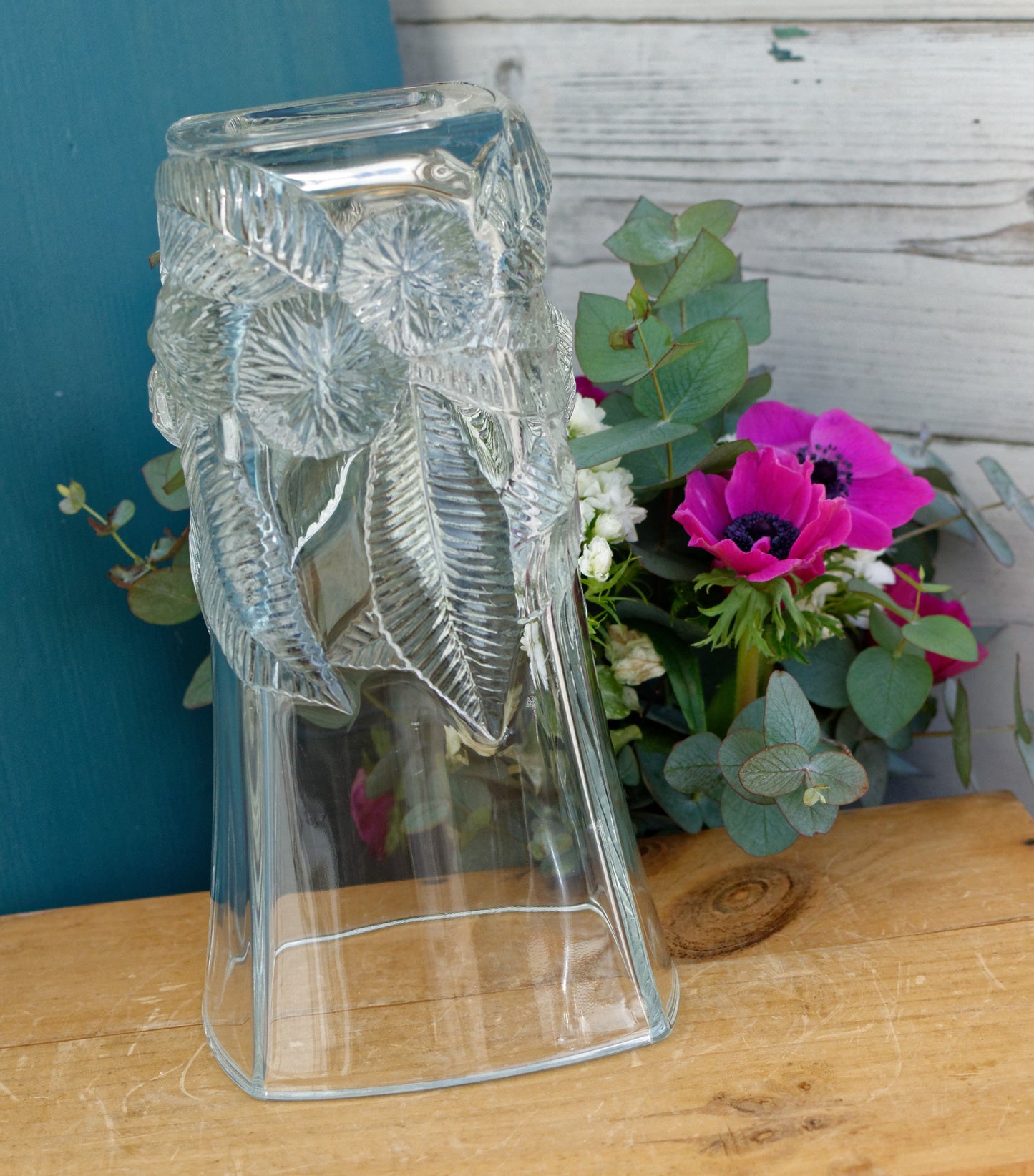 ARC France French Vintage High Quality Glassware Leaf Textured Square Vase