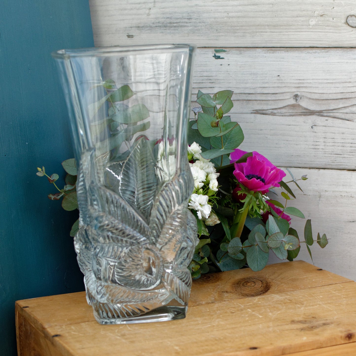ARC France French Vintage High Quality Glassware Leaf Textured Square Vase