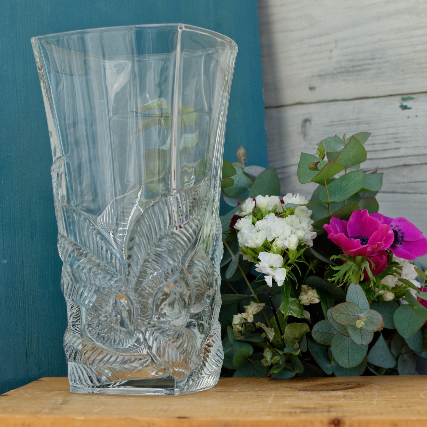 ARC France French Vintage High Quality Glassware Leaf Textured Square Vase
