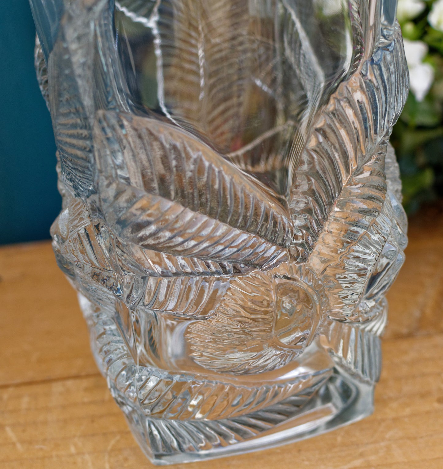 ARC France French Vintage High Quality Glassware Leaf Textured Square Vase