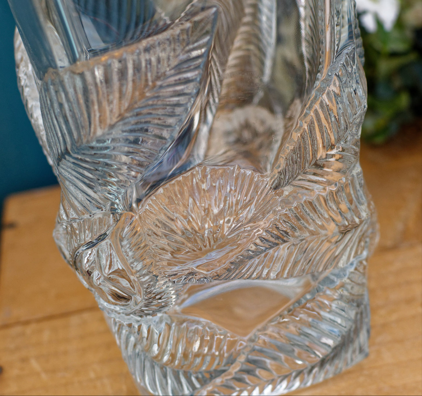 ARC France French Vintage High Quality Glassware Leaf Textured Square Vase