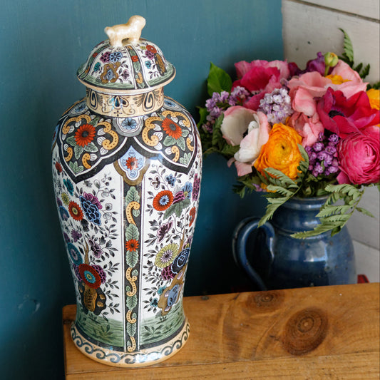Vintage Netherlands Ceramic Polychrome Lidded Vase Petrus Regout & Co Maastricht Porcelain Ginger Pot URN