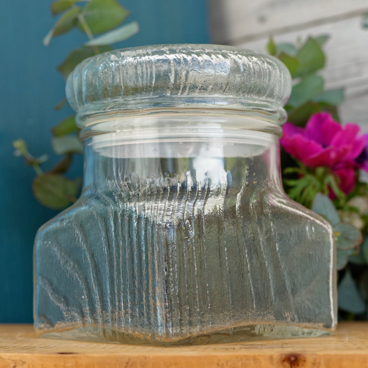 French Vintage Pressed Glassware Lidded Storage Jar French Bocal with Textured Glass