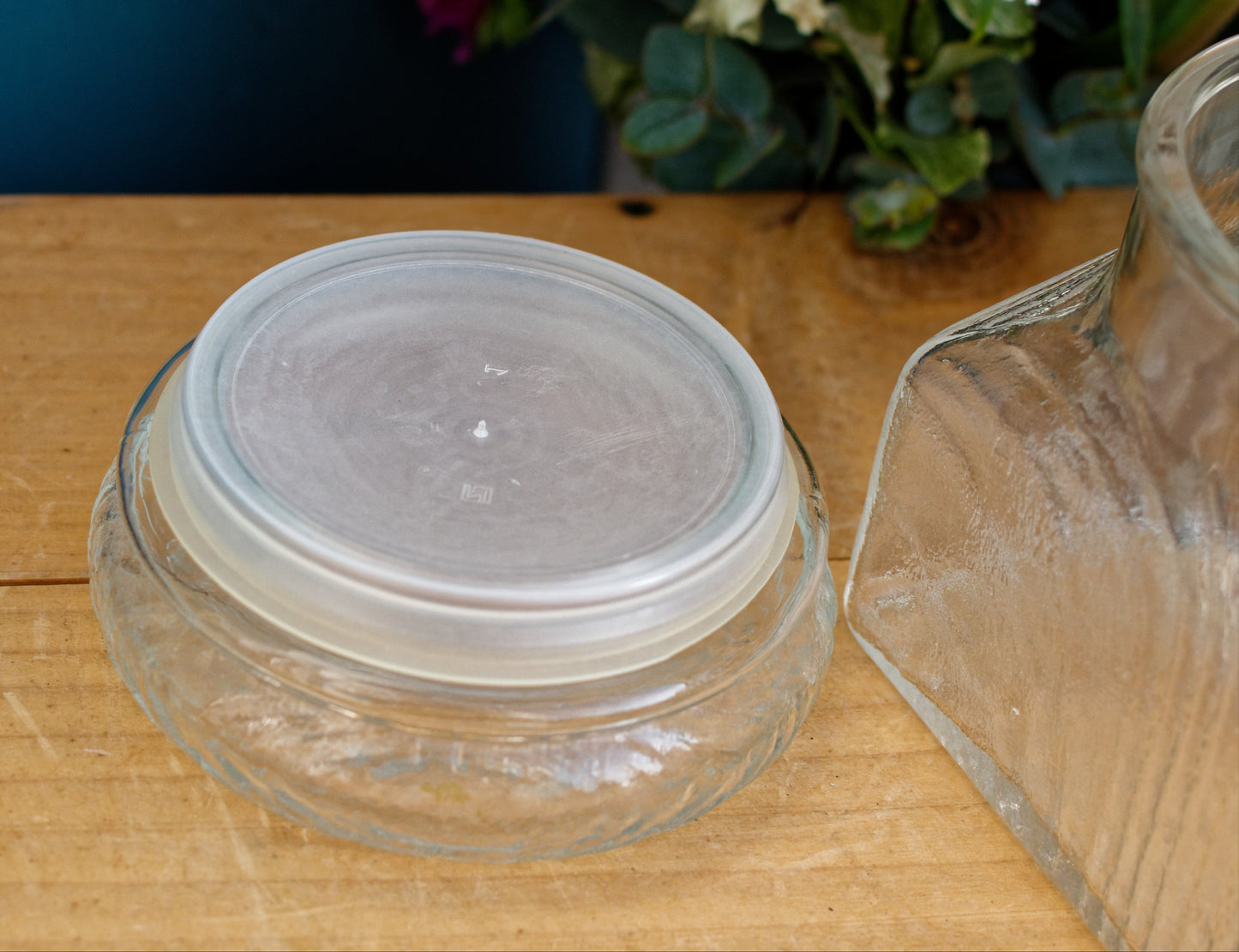 French Vintage Pressed Glassware Lidded Storage Jar French Bocal with Textured Glass