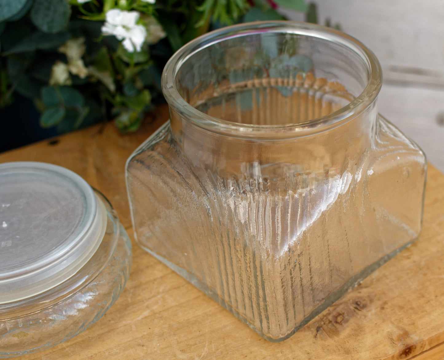 French Vintage Pressed Glassware Lidded Storage Jar French Bocal with Textured Glass