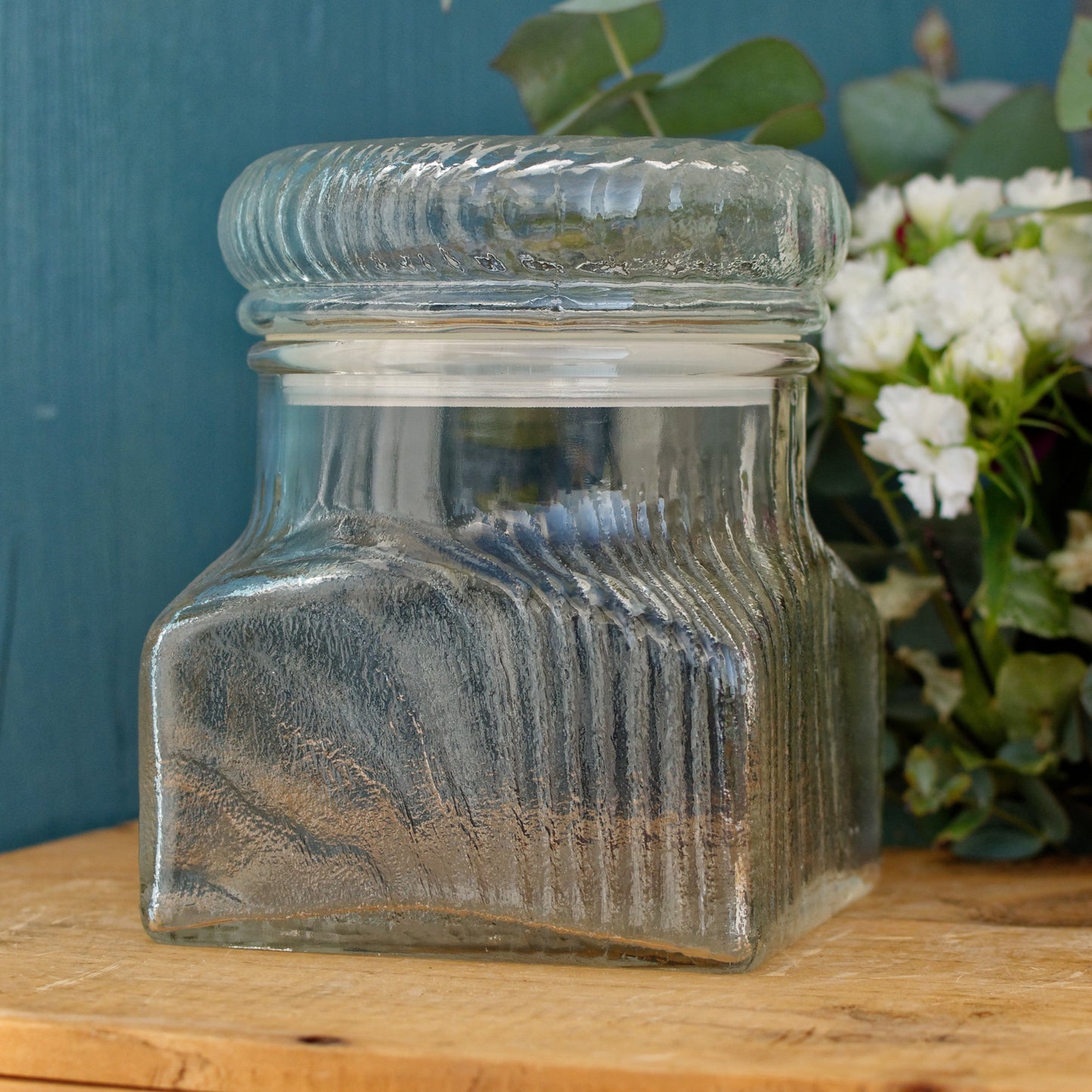 French Vintage Pressed Glassware Lidded Storage Jar French Bocal with Textured Glass