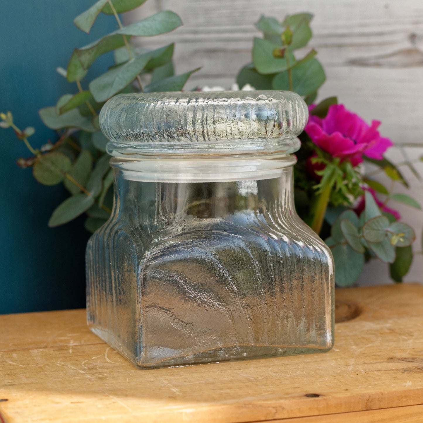 French Vintage Pressed Glassware Lidded Storage Jar French Bocal with Textured Glass