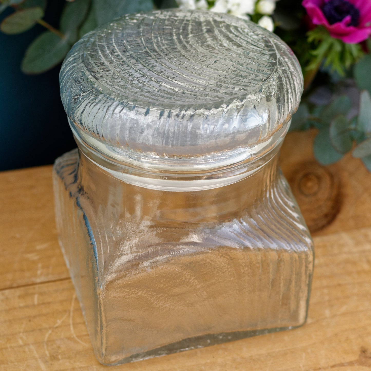 French Vintage Pressed Glassware Lidded Storage Jar French Bocal with Textured Glass