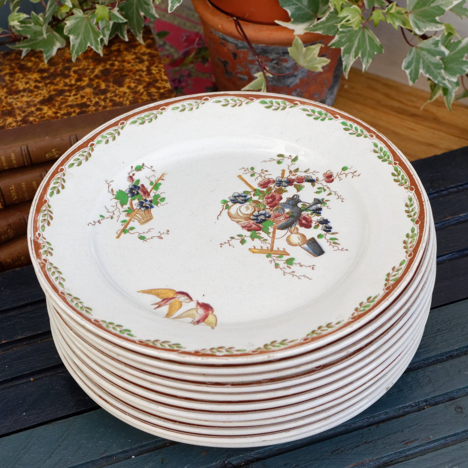 French Antique Ironstone Polychrome Plate Watteau Motif Sarreguemines U&C Terre de Fer Faience