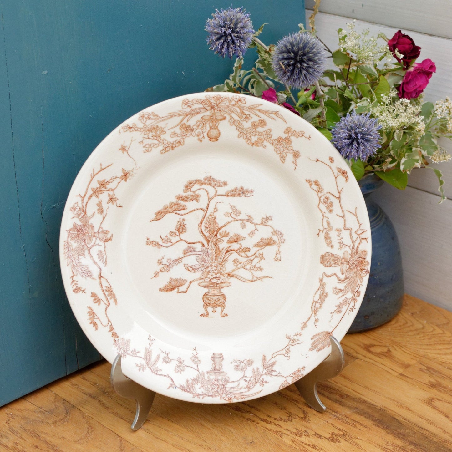 YEDDO Medailles D'Or Faiencerie de GIEN Diplomes D'Honneur French Antique Ironstone Brown Transferware Dinner Plate Terre de Fer