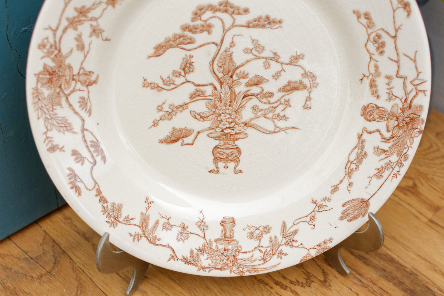 YEDDO Medailles D'Or Faiencerie de GIEN Diplomes D'Honneur French Antique Ironstone Brown Transferware Dinner Plate Terre de Fer