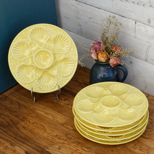 1960s French Vintage BARBOTINE Yellow Oyster Shellfish Huître Plate with 6 Wells LONGCHAMP Made in France