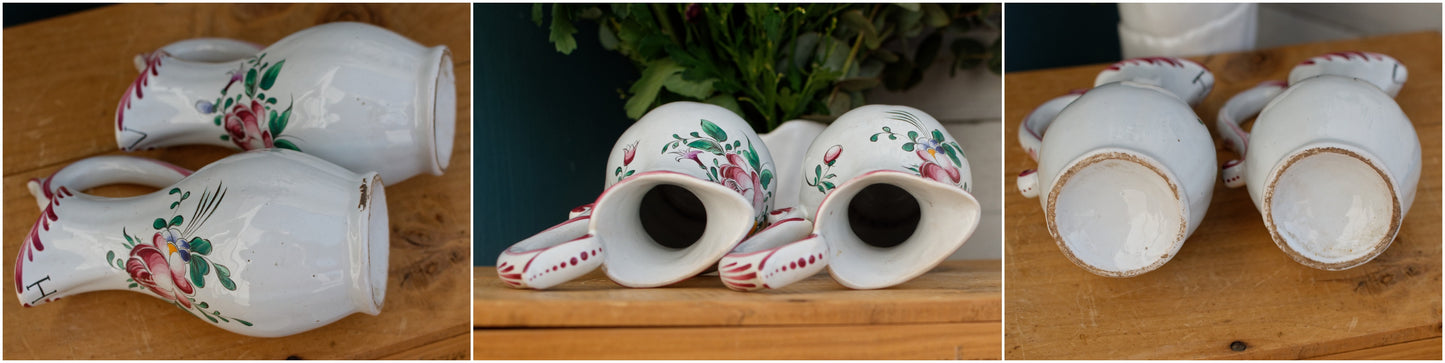 French Vintage Ironstone Hand-Painted Olive Oil & Vinegar Serving Set Faience Terre de Fer