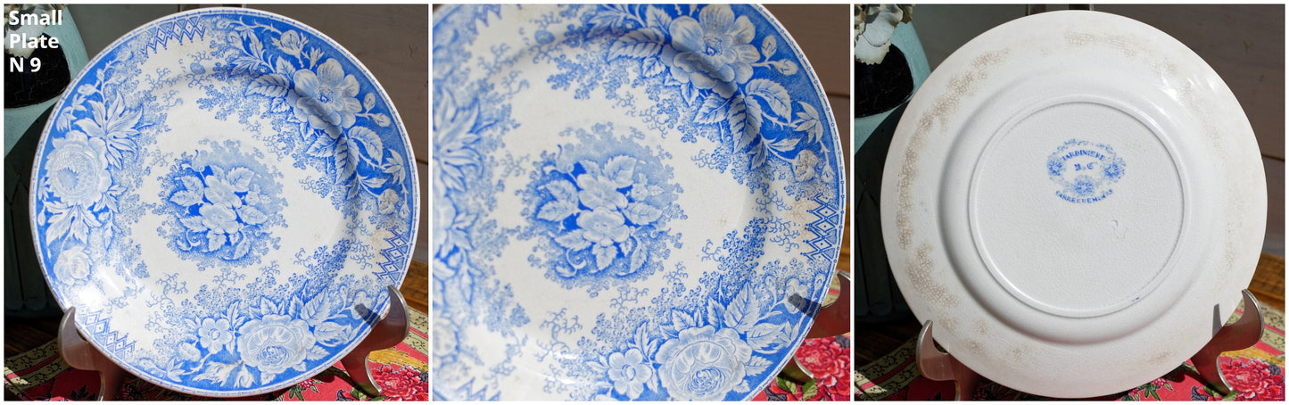 1890s ~ "JARDINIERE" Sarreguemines U&C ~ French Antique Ironstone Blue Transferware Small Plate ~ 2 patterns ~ Terre de Fer Faience