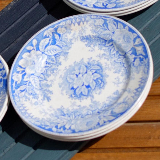 1890s ~ "JARDINIERE" Sarreguemines U&C ~ French Antique Ironstone Blue Transferware Small Plate ~ 2 patterns ~ Terre de Fer Faience