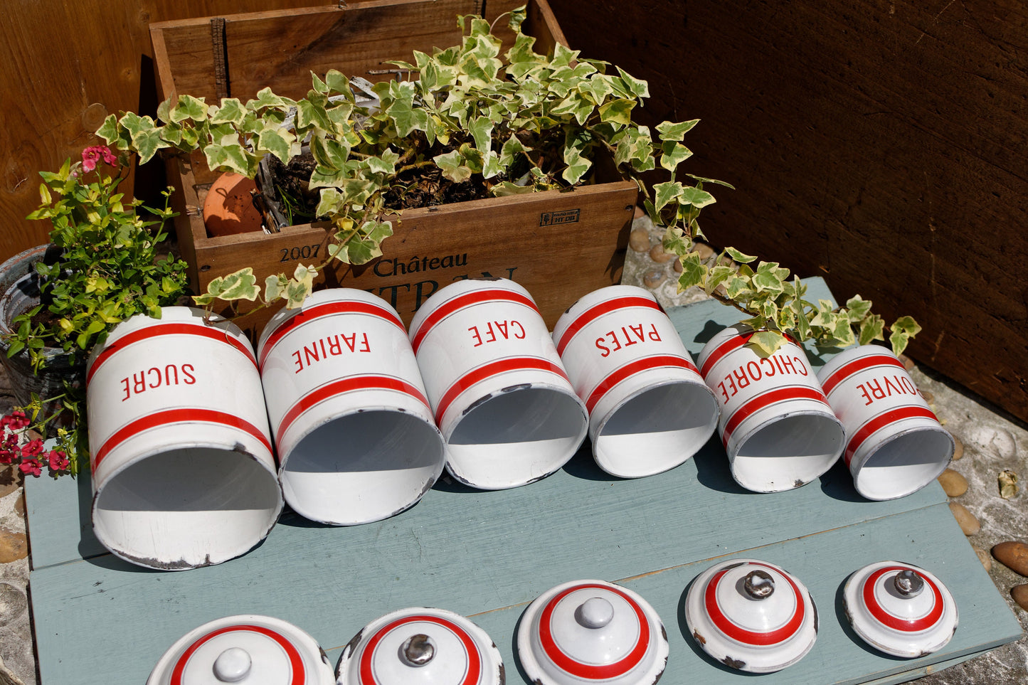 French Enamel stackable kitchen cannisters nesting pots