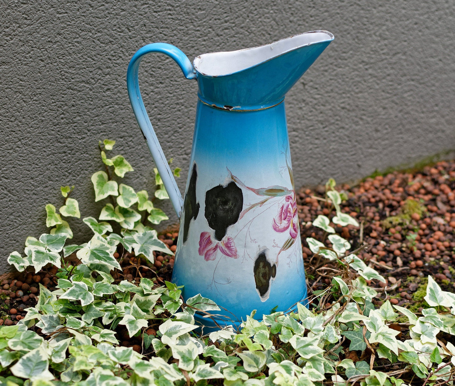 French Enamel Floral Iris Decor Water Pitcher Bedroom Broc