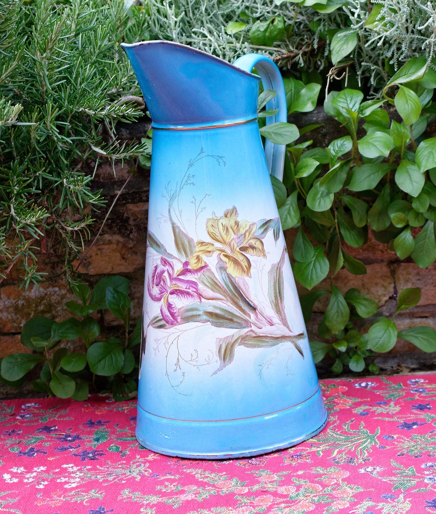 French Enamel Floral Iris Decor Water Pitcher Bedroom Broc