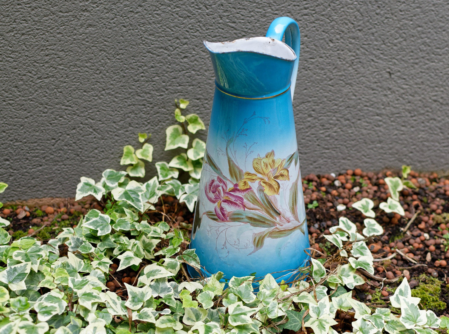French Enamel Floral Iris Decor Water Pitcher Bedroom Broc