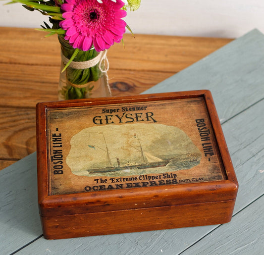 Vintage Wooden Decorative Keepsake Box Super Steamer Geyser Boston Line The Extreme Clipper ship Ocean Express